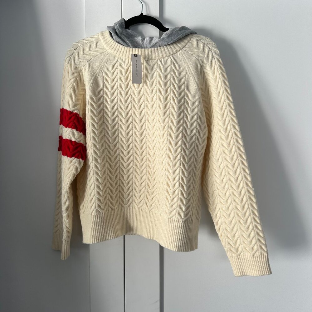 NWT Cream Cableknit Sweater w/Red Varsity Stripes with Built In Grey Hoodie, Med